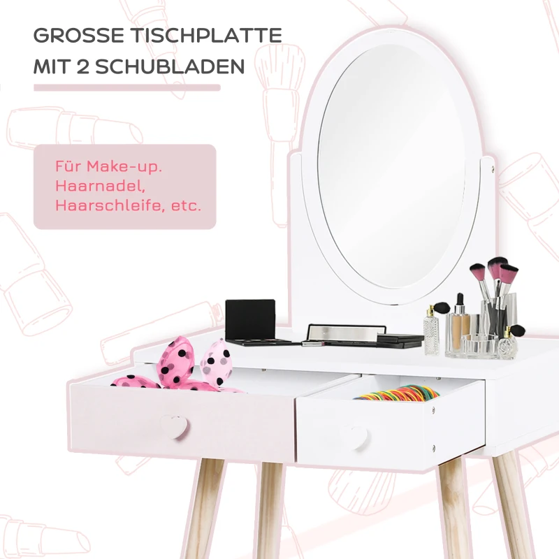 HOMCOM® Toaletka Dla Dzieci Stół Kosmetyczny Biurko Lustro 2 Szuflady Lite Drewno