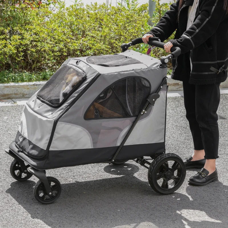 PawHut pet buggy hondenbuggy met 4 wielen hondentrolley voor middelgrote en grote honden inklapbaar Oxford grijs + zwart 104,5 x 68,5 x 110 cm