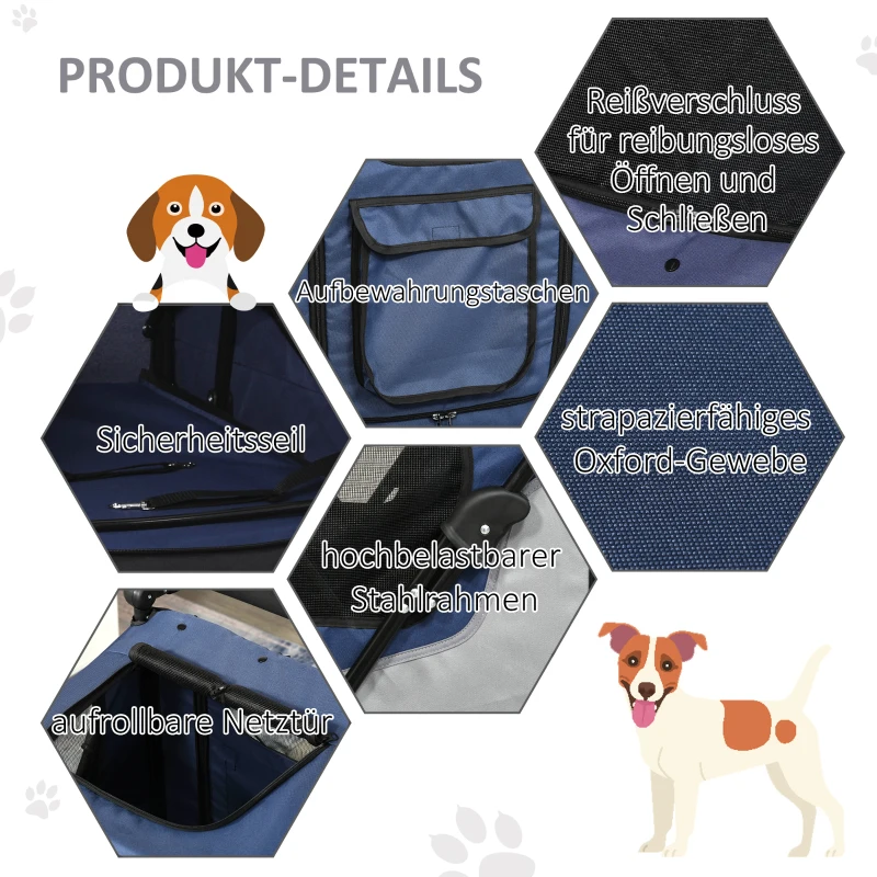 PawHut pet buggy hondenbuggy met 4 wielen hondentrolley voor middelgrote en grote honden opvouwbaar Oxford blauw + zwart 104,5 x 68,5 x 110 cm