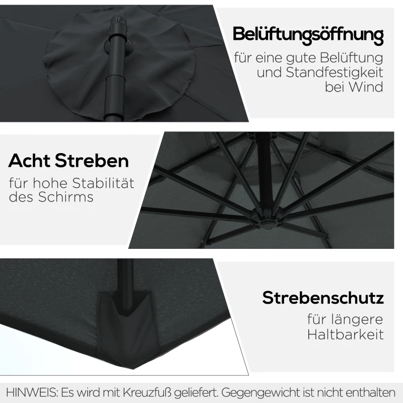 Outsunny afneembare parasol zweefparasol zwengelparasol met handkruk, zwart