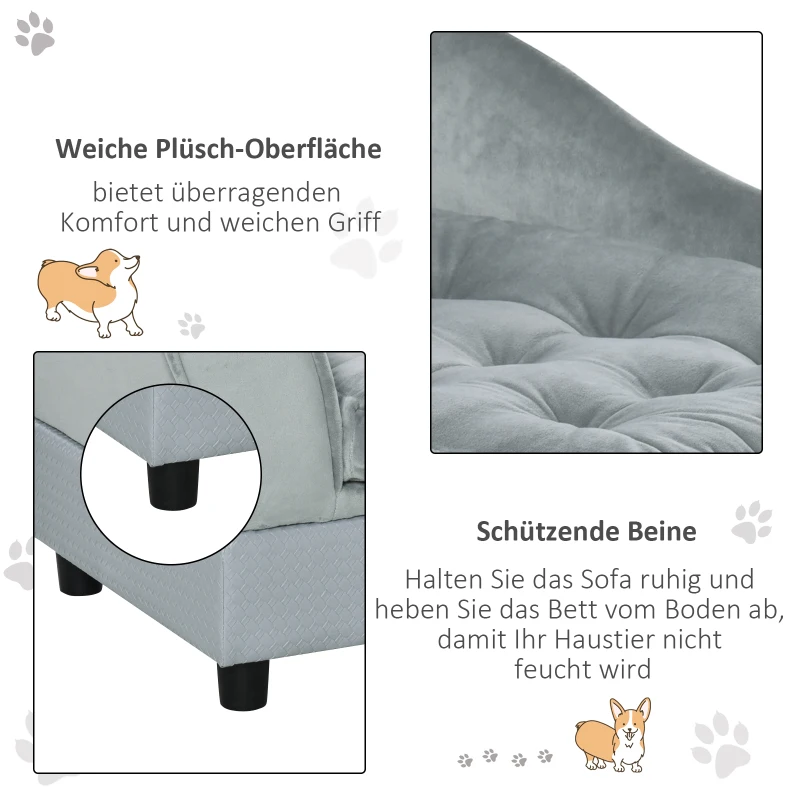 PawHut huisdierenbank met mat, hondenbed, hondenmat, hondenbank met opbergruimte, natuurlijk hout + pluche, lichtgrijs, 76 x 45 x 41,5 cm(m-5)