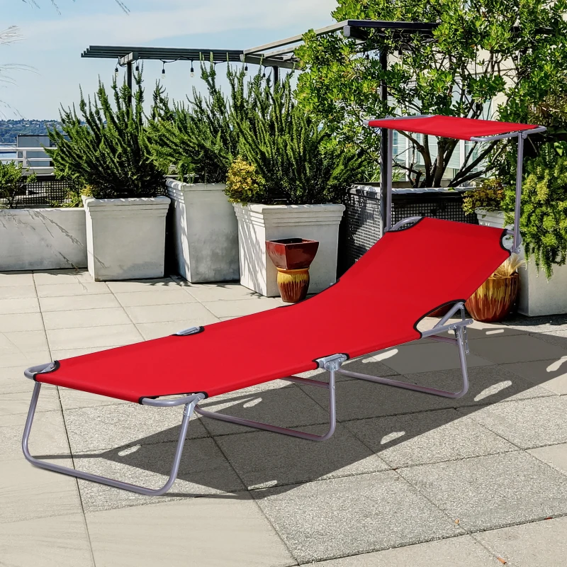 Outsunny Klapbare ligstoel met zonnescherm, verstelbare rugleuning, metalen frame, 187 x 58 x 36 cm, rood
