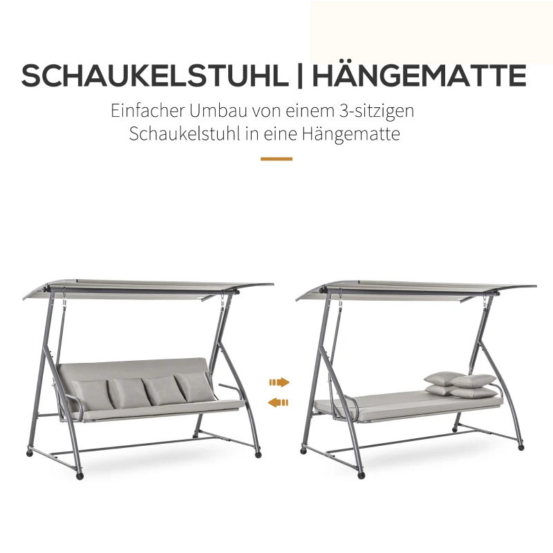 Outsunny hangmatschommel tuinschommel, hangbank 3-zitsschommel met verstelbare dak, ligfunctie, Lichtgrijs, 215 x 120 x 165 cm