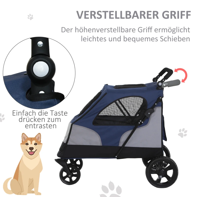 PawHut pet buggy hondenbuggy met 4 wielen hondentrolley voor middelgrote en grote honden opvouwbaar Oxford blauw + zwart 104,5 x 68,5 x 110 cm