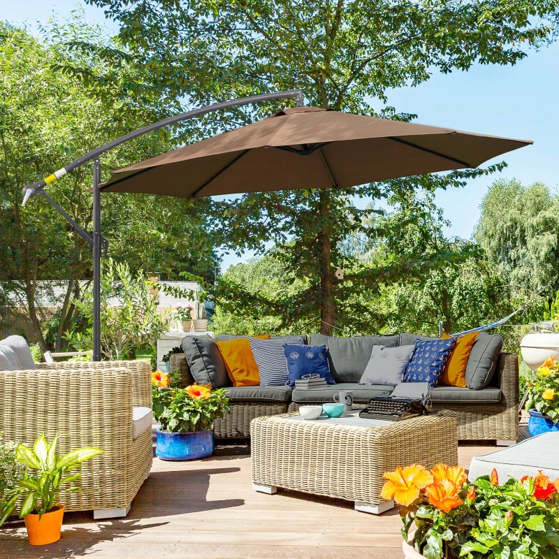 Outsunny afneembare parasol zweefparasol zwengelparasol met handkruk, koffie