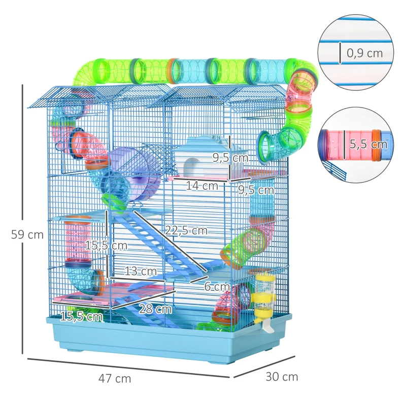 PawHut hamsterkooi multilevel beestenkooi knaagdierkooi muizenkooi, hamsterkooi starterkit, blauw, metaal + PP + PS 47 x 30 x 59 cm muizenkooi hamsterkooi starterkit | Aosom.nl