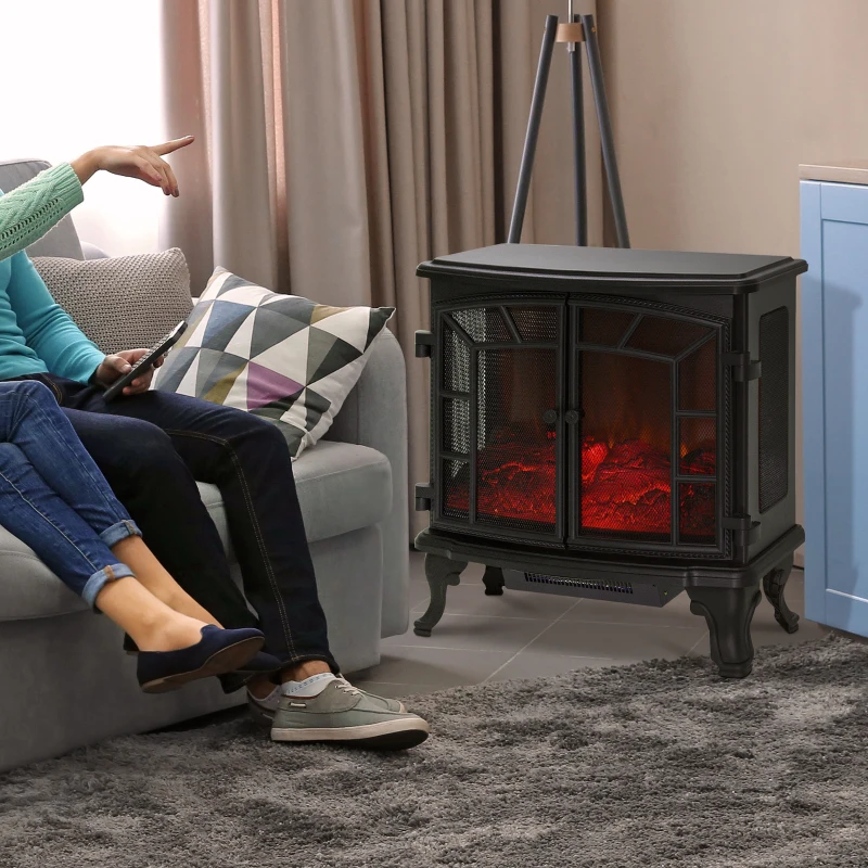 HOMCOM Cheminée Electrique poêle Style néo-rétro 2 Portes télécommande minuterie 1000/2000 W LED luminosité réglable Noir