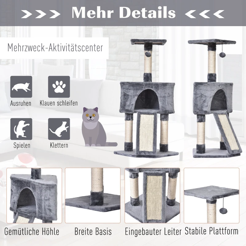 PawHut kattenboom krabpaal 3 niveaus kattengrot sisal paal krabplank pluche grijs