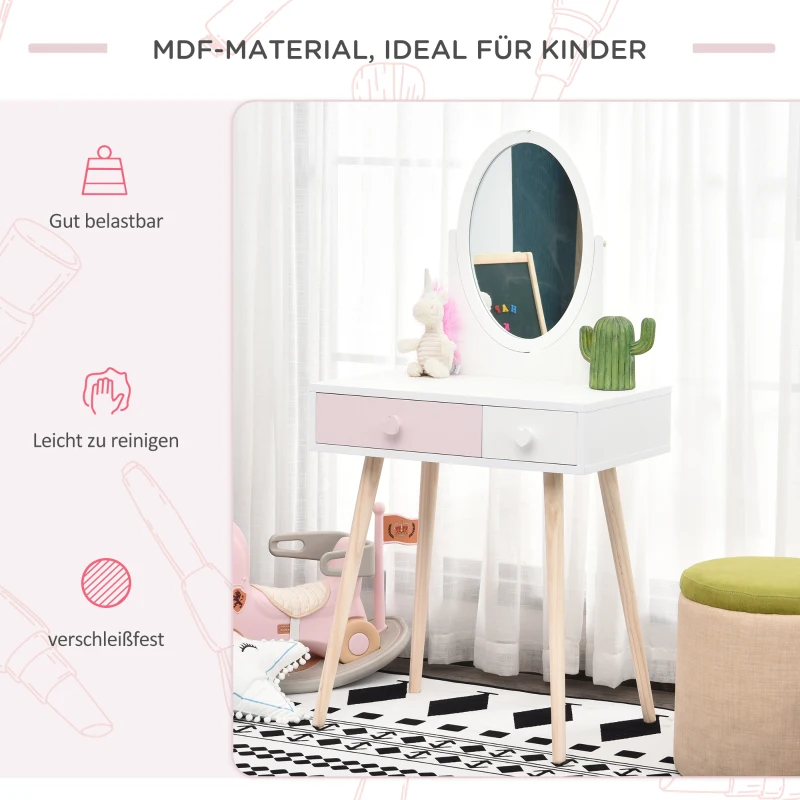HOMCOM kinderkaptafel met spiegel, make-up tafel, bureau, kaptafel, 2 lades, massief hout wit 69 x 49 x 136 cm