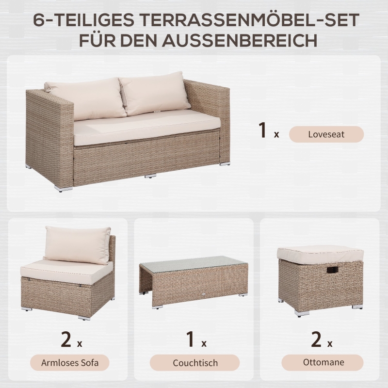Zestaw mebli rattanowych, 6-częściowy komplet stolik z krzesłami, zestaw mebli ogrodowych, stolik, metal, kolor khaki