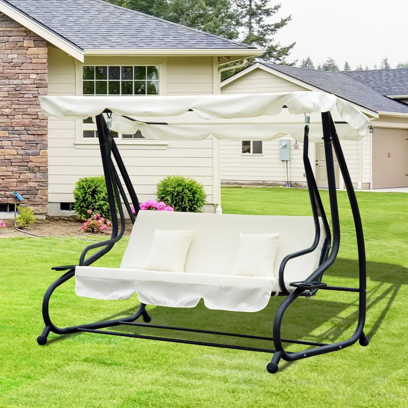 Huśtawka Ogrodowa Outsunny 3-osobowa z Regulowanym Daszkiem, Siedziskiem i Oparciem, Tacką, Ławką do Kołysania, Daszkiem Regulowanym, Stal i Tkanina Poliestrowa, Kremowa, 200 x 120 x 164 cm