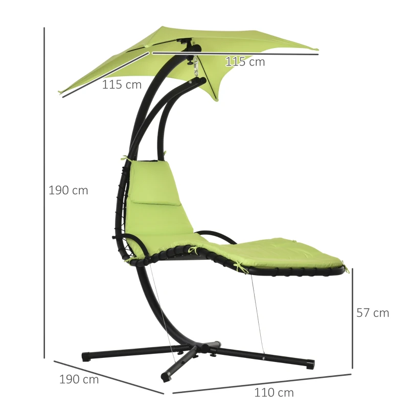 Outsunny Hängeliege mit Sonnendach, Hängesessel mit Kopfkissen, Hängeschaukel, Schwingliege, Metall Polyester, Grün, 190 x 115 x 190 cm