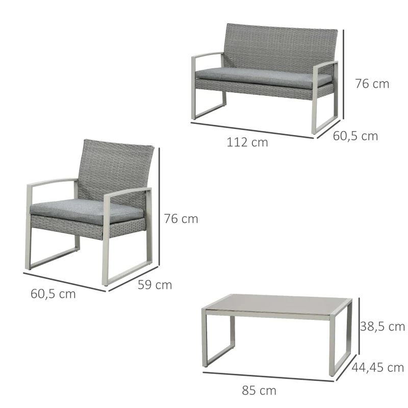 Outsunny poly-rotan zitset 4-delig Zitgroep tuinmeubelen metaal modern grijs