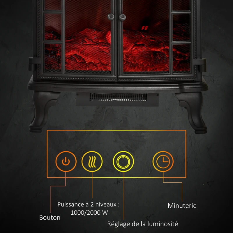 HOMCOM Cheminée Electrique poêle Style néo-rétro 2 Portes télécommande minuterie 1000/2000 W LED luminosité réglable Noir