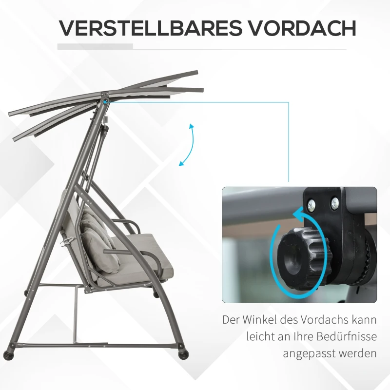Outsunny hangmatschommel tuinschommel, hangbank 3-zitsschommel met verstelbare dak, ligfunctie, Lichtgrijs, 215 x 120 x 165 cm