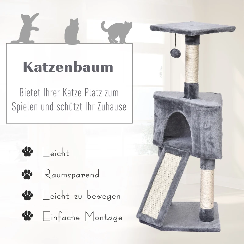 PawHut kattenboom krabpaal 3 niveaus kattengrot sisal paal krabplank pluche grijs