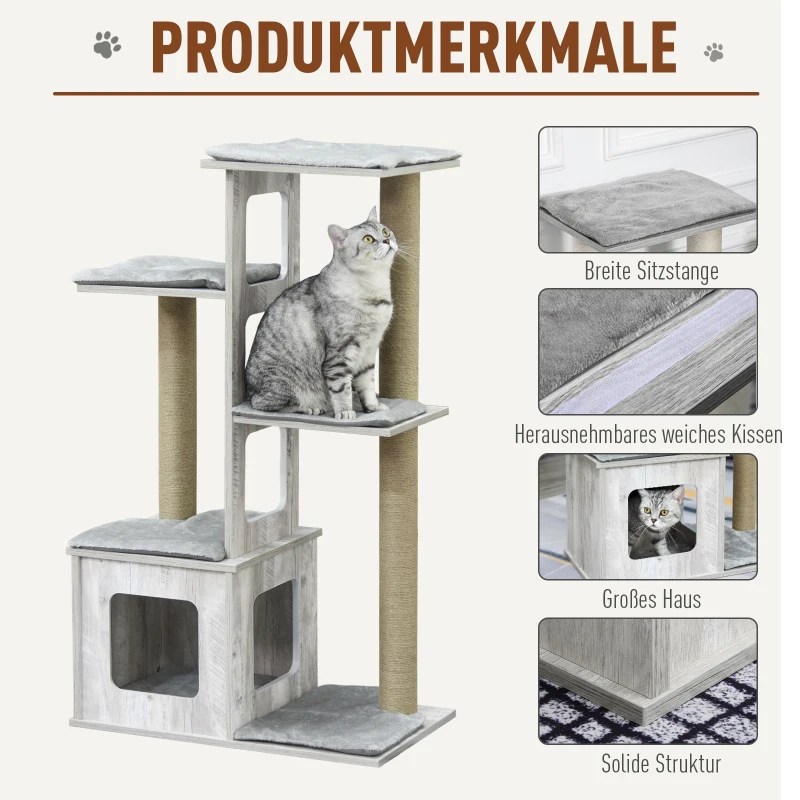 PawHut kattenboom krabpaal kattenmeubel, activity center klimrek pluche grijs