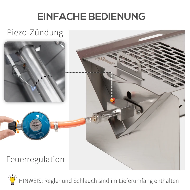Outsunny Tischgrill Gasgrill BBQ abnehmbar Camping Grill mit Grillnetz Schlauch klein Outdoor Tischgasgrill Picknick Edelstahl Silber 52 x 40 x 31 cm