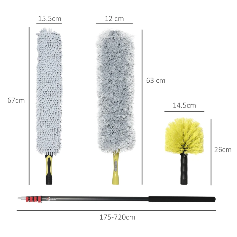 HOMCOM 4 Pieces Extendable Feather Duster with Aluminium Telescopic Pole 69"- 284", Microfiber Duster Cleaning Kit with Bendable Head for Cleaning High Ceiling Fans, Blinds, Cobweb