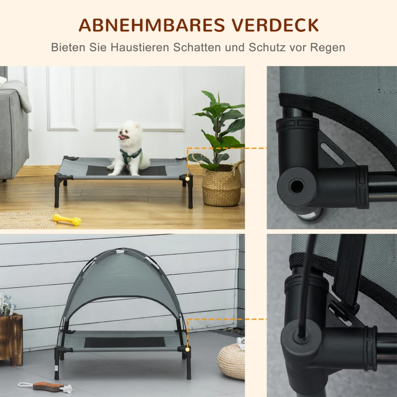 PawHut hondenmand met luifel, verhoogde hondenmand, hondenmand met dak, ademend, grijs, 76 x 61 x 76 cm