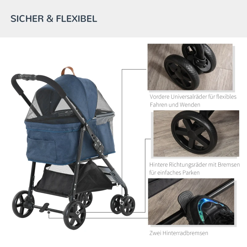PawHut 2-in-1 hondenbuggy transporttas kattenbuggy met universele demonteerbare wielen hoes Oxford donkerblauw + zwart 76 x 51 x 101 cm