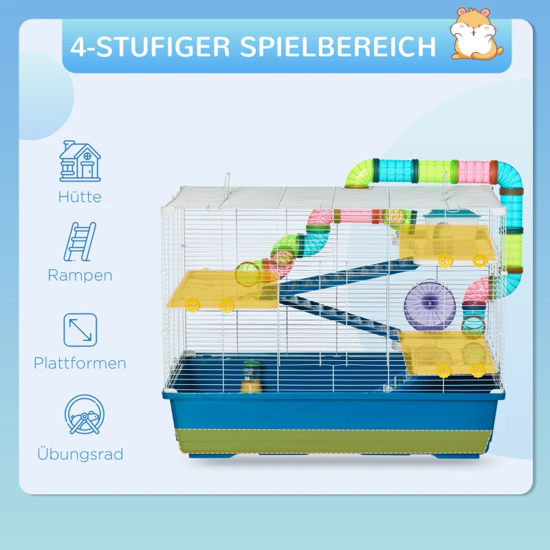 PawHut knaagdierkooi kleine dierenkooi kleine dierenomheining buissysteem voor kleine dieren in veelkleurig blauw + wit 79 x 46 x 60 cm