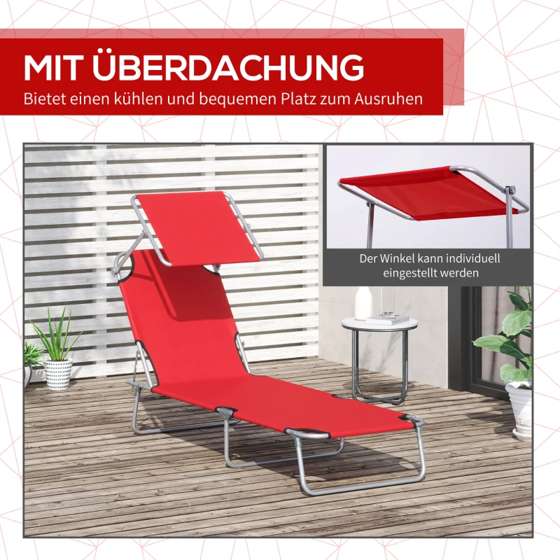 Outsunny Klapbare ligstoel met zonnescherm, verstelbare rugleuning, metalen frame, 187 x 58 x 36 cm, rood