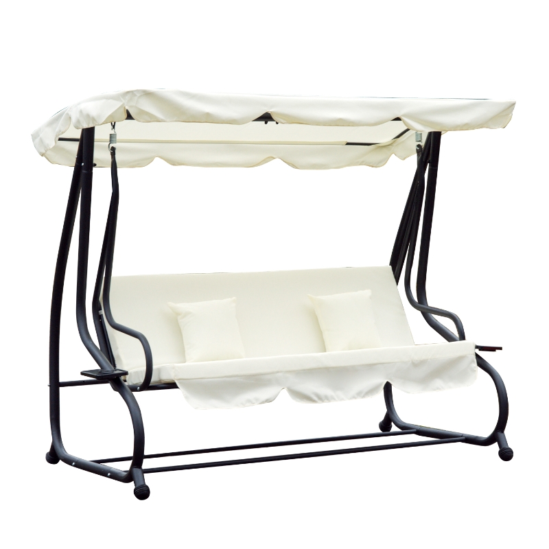 Outsunny Schaukelstuhl 3-Sitzer Hollywoodschaukel Gartenschaukel mit Sitz- und Rückenlehnen Tablett Sitzbank Schwingbank Dachwinkel verstellbar Stahlrohr Polyestergewebe Creme 200 x 120 x 164 cm