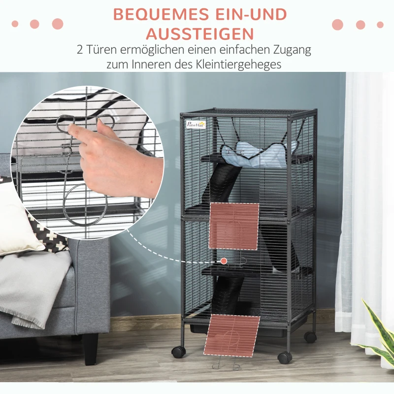PawHut knaagdierenkooi, kooi op wielen voor kleine huisdieren, konijnenhok met 3 verdiepingen en 2 deuren, metaal, staal, 52 x 52 x 113,5 cm knaagdierenkooi kooi voor kleine huisdieren deuren met wielen metaal | Aosom.nl