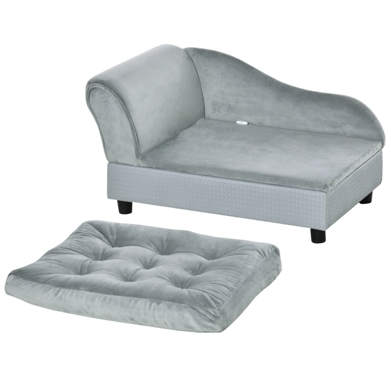 PawHut huisdierenbank met mat, hondenbed, hondenmat, hondenbank met opbergruimte, natuurlijk hout + pluche, lichtgrijs, 76 x 45 x 41,5 cm(m-8)
