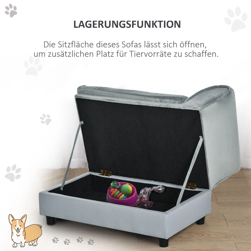 PawHut huisdierenbank met mat, hondenbed, hondenmat, hondenbank met opbergruimte, natuurlijk hout + pluche, lichtgrijs, 76 x 45 x 41,5 cm(m-6)