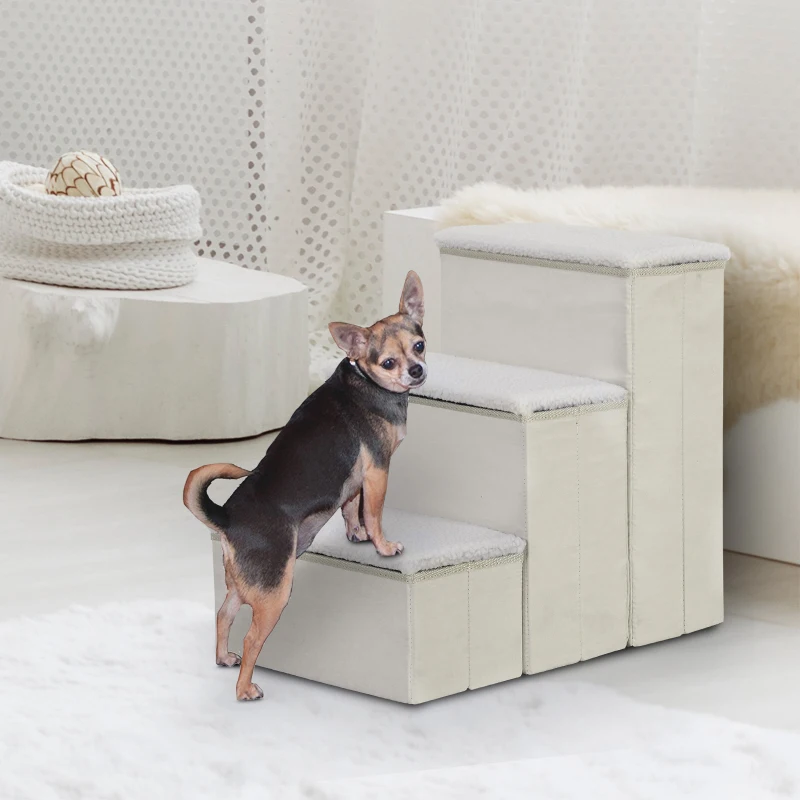 PawHut® SCHODY DLA ZWIERZĄT DOMOWYCH SCHODKI PODEST DLA KOTA SKŁADANY SCHOWEK MDF biały 40 x 54 x 48 cm