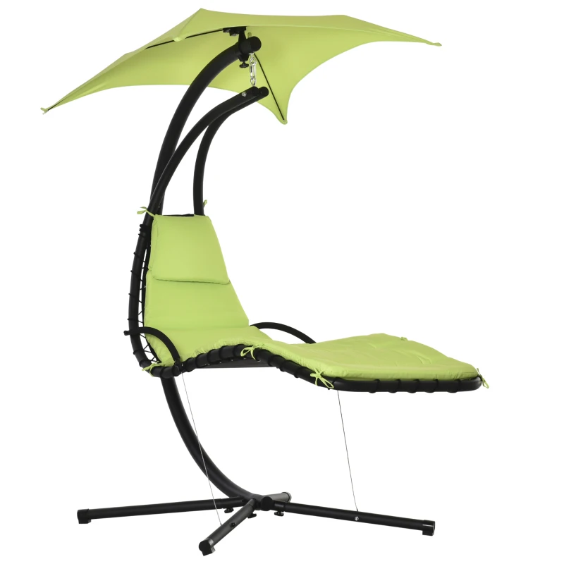 Outsunny Hängeliege mit Sonnendach, Hängesessel mit Kopfkissen, Hängeschaukel, Schwingliege, Metall Polyester, Grün, 190 x 115 x 190 cm