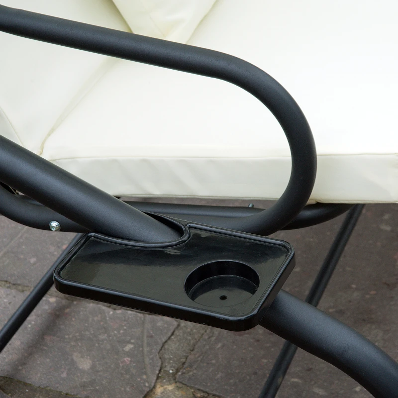 Huśtawka Ogrodowa Outsunny 3-osobowa z Regulowanym Daszkiem, Siedziskiem i Oparciem, Tacką, Ławką do Kołysania, Daszkiem Regulowanym, Stal i Tkanina Poliestrowa, Kremowa, 200 x 120 x 164 cm