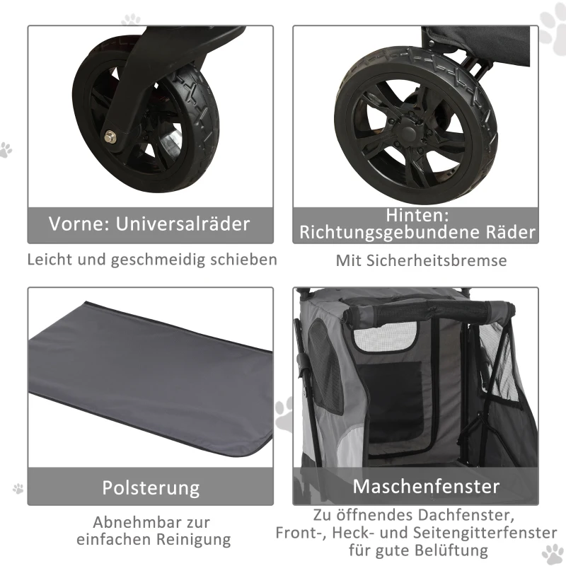 PawHut pet buggy hondenbuggy met 4 wielen hondentrolley voor middelgrote en grote honden inklapbaar Oxford grijs + zwart 104,5 x 68,5 x 110 cm