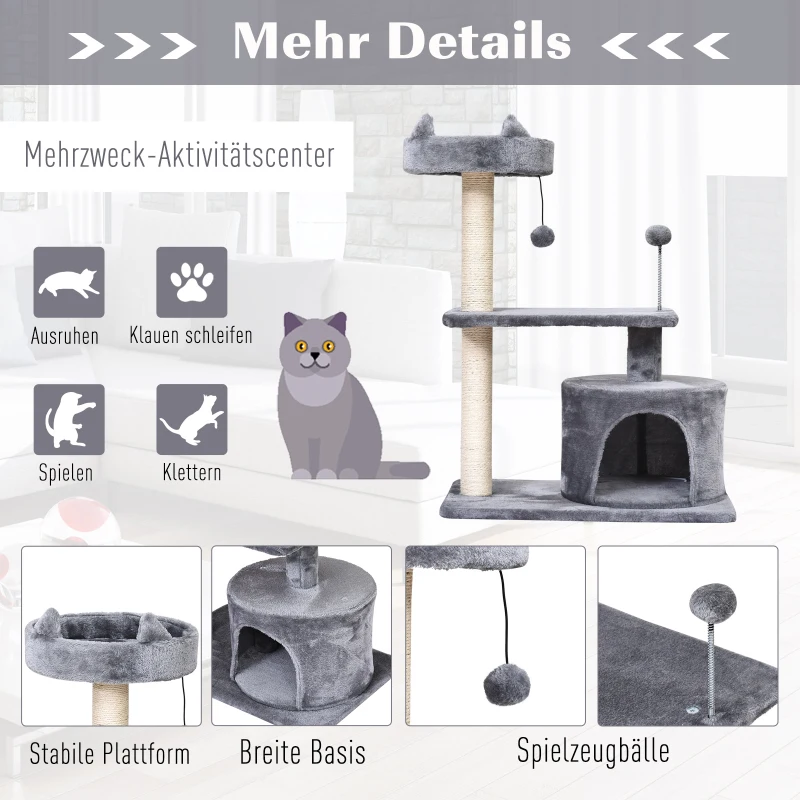 Drzewo dla kota 3 poziomy drzewo dla kota jaskinia dla kota sizalowe słupki deska do drapania plusz kolor szary