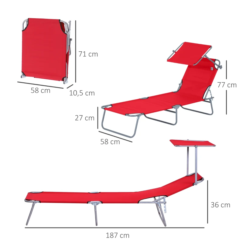 Outsunny Klapbare ligstoel met zonnescherm, verstelbare rugleuning, metalen frame, 187 x 58 x 36 cm, rood