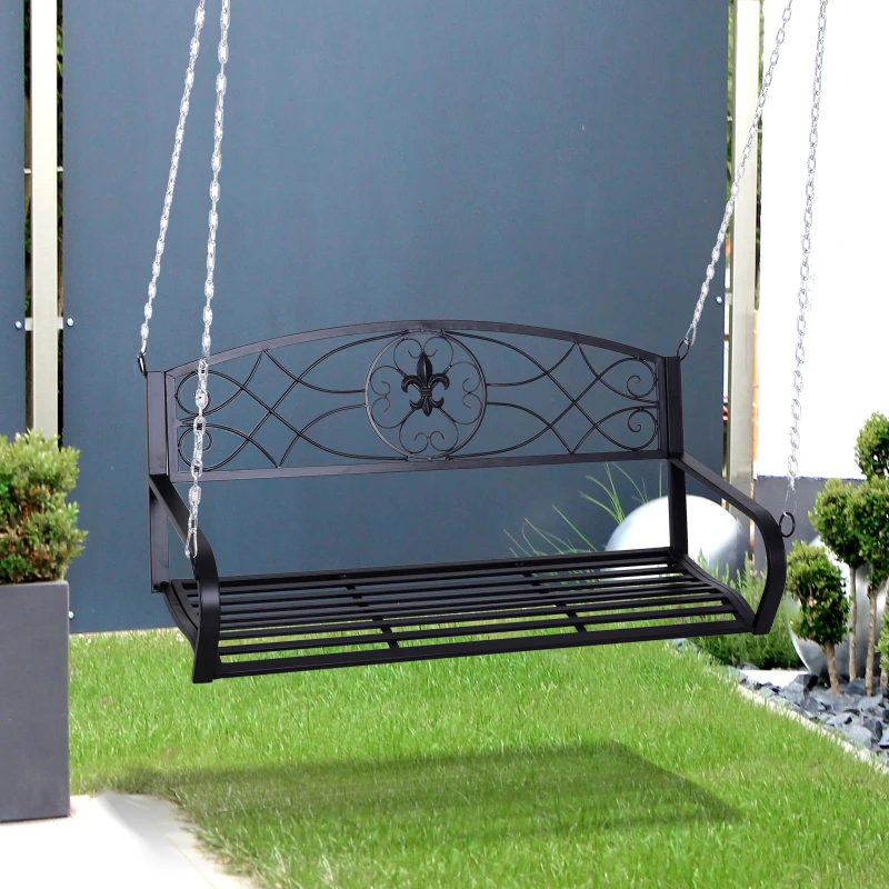 Ławka wisząca huśtawka ogrodowa z łańcuchami 2-osobowa metal czarna 132 x 63 x 58 cm Outsunny