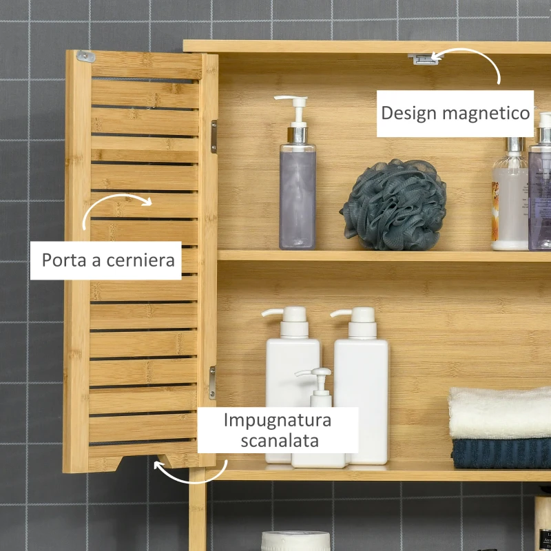 Kleankin Mobilier de baie din Bambus si MDF, Raft pentru Masina de Spalat, 60x23x173cm