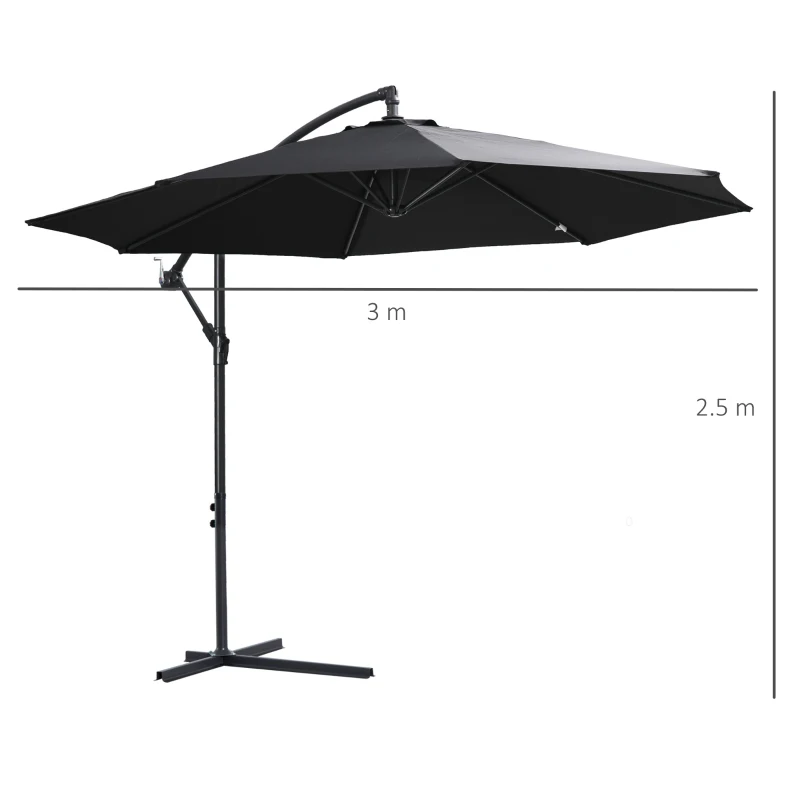 Outsunny afneembare parasol zweefparasol zwengelparasol met handkruk, zwart
