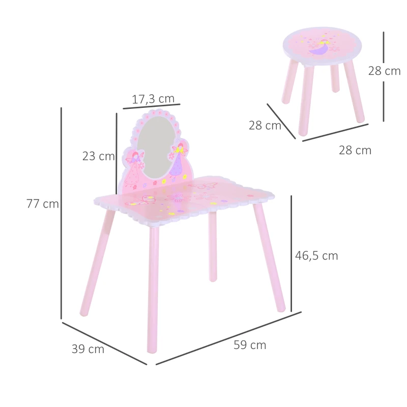 HOMCOM Kaptafel make-uptafel voor kinderen kapcommode make-upcommode met kruk