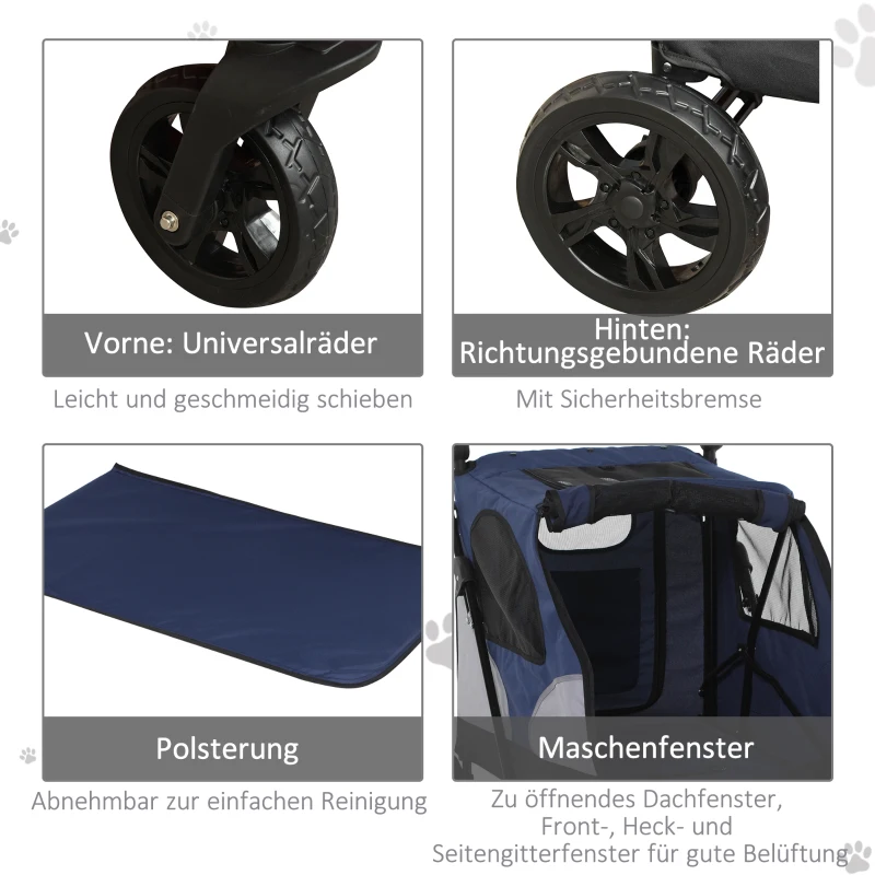 PawHut pet buggy hondenbuggy met 4 wielen hondentrolley voor middelgrote en grote honden opvouwbaar Oxford blauw + zwart 104,5 x 68,5 x 110 cm