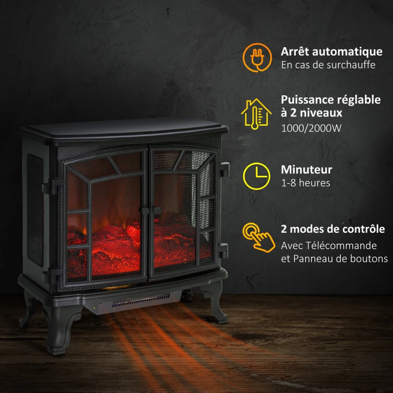 HOMCOM Cheminée Electrique poêle Style néo-rétro 2 Portes télécommande minuterie 1000/2000 W LED luminosité réglable Noir