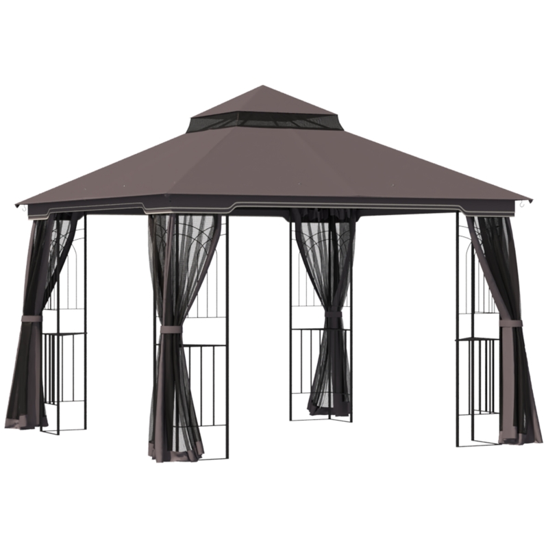 Outsunny Gartenpavillon mit Doppeldach Pavillon Gartenzelt Festzelt Partyzelt mit 4 x Seitenwand Metall+Polyester Kaffee 2,99 x 2,99 x 2,74 m