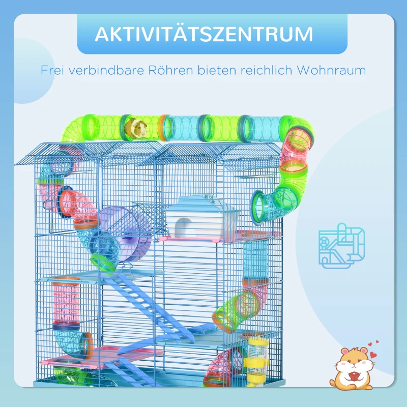 PawHut hamsterkooi multilevel beestenkooi knaagdierkooi muizenkooi, hamsterkooi starterkit, blauw, metaal + PP + PS 47 x 30 x 59 cm muizenkooi hamsterkooi starterkit | Aosom.nl