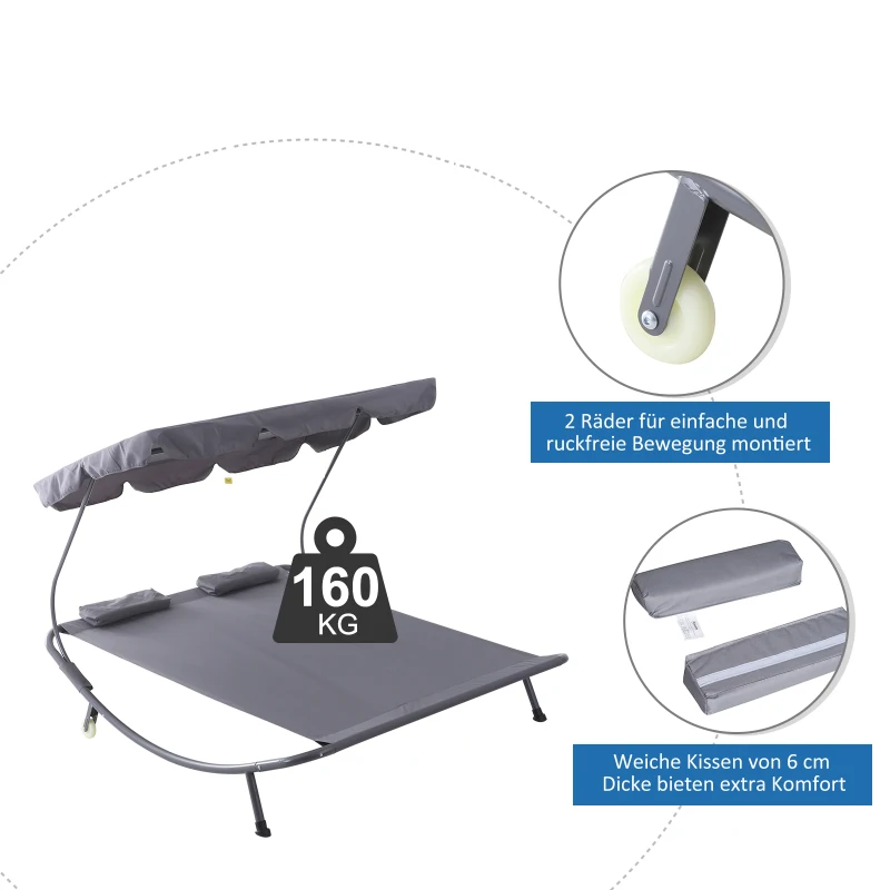 Outsunny Dubbele ligbank ligbed relax lounger met zonnedak rolbaar staal crèmewit / grijs