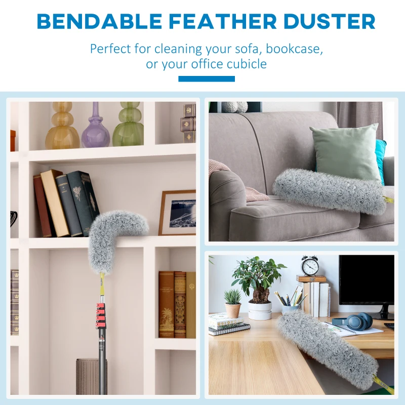 HOMCOM 4 Pieces Extendable Feather Duster with Aluminium Telescopic Pole 69"- 284", Microfiber Duster Cleaning Kit with Bendable Head for Cleaning High Ceiling Fans, Blinds, Cobweb