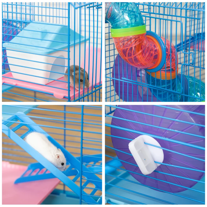 PawHut hamsterkooi multilevel beestenkooi knaagdierkooi muizenkooi, hamsterkooi starterkit, blauw, metaal + PP + PS 47 x 30 x 59 cm muizenkooi hamsterkooi starterkit | Aosom.nl