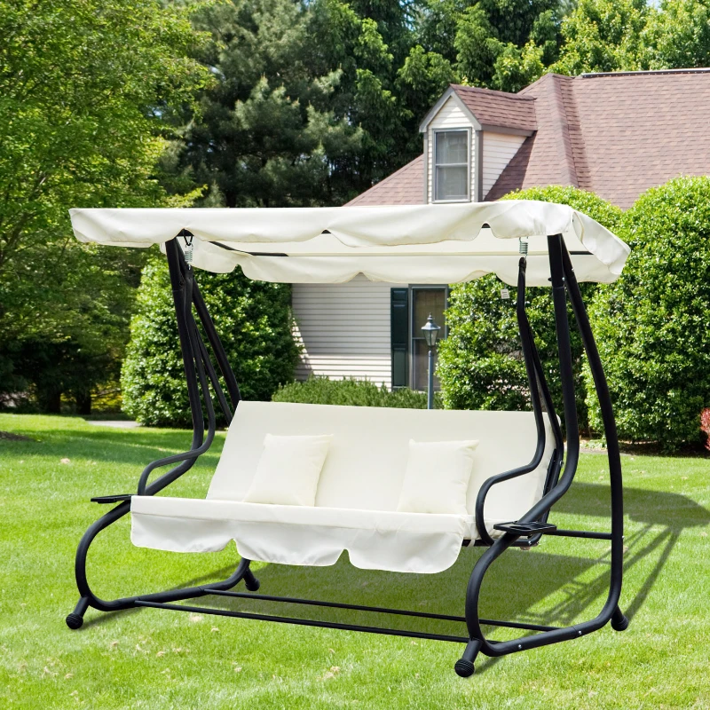 Huśtawka Ogrodowa Outsunny 3-osobowa z Regulowanym Daszkiem, Siedziskiem i Oparciem, Tacką, Ławką do Kołysania, Daszkiem Regulowanym, Stal i Tkanina Poliestrowa, Kremowa, 200 x 120 x 164 cm