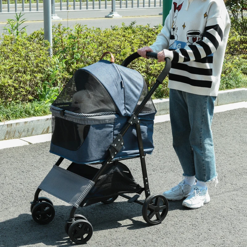 PawHut 2-in-1 hondenbuggy transporttas kattenbuggy met universele demonteerbare wielen hoes Oxford donkerblauw + zwart 76 x 51 x 101 cm